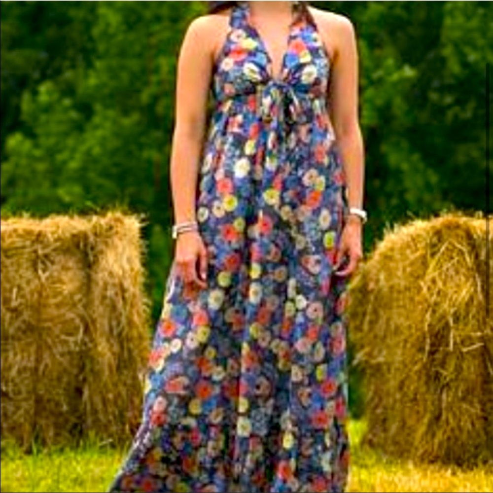 Anthropologie Lil Memento Floral Maxi Halter Dress Blue Size 14 silk blend long